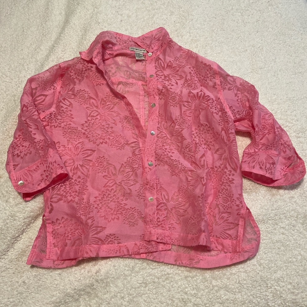 Vintage Notations women’s pink floral lace button up collared blouse size medium